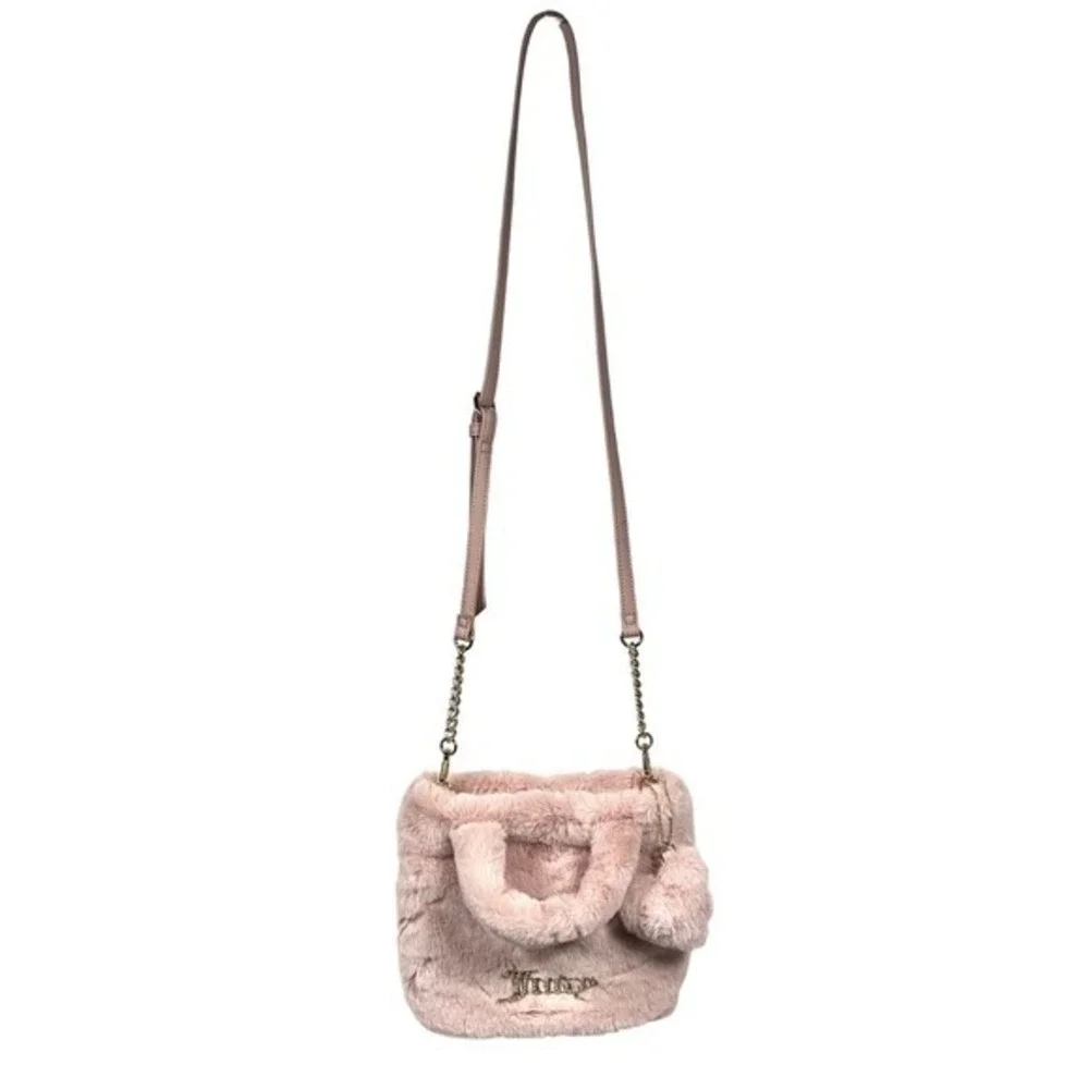 Juicy Couture Fluffy Mini Tote Bag Purse Handbag Blush Pink Bling Heart Spellout